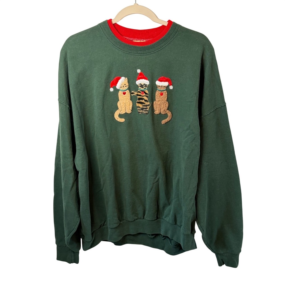 VTG Top Stitch Sweatshirt Green Christmas Cats Santa Hat Embroidered Womens 2X‎